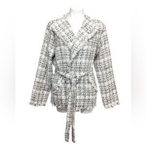 Doe & Rae White Tweed Wrap Coat Blazer Self Tie Belt Fringe New Size Large